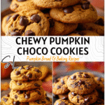 Stack of chewy pumpkin chocolate chip cookies on a rustic plate with fall leaves around.